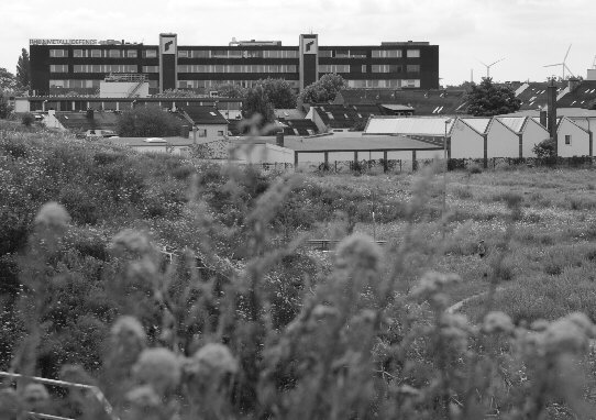 Blick vom höchsten Punkt des Lärmschutzwalls der Brache am Ende der Godehardstraße in Bremen, Hemelingen, auf benachbarte Industrieanlagen und Windräder.