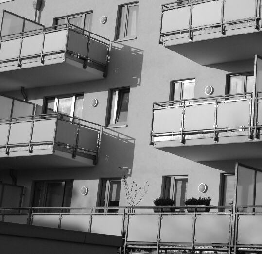 Balconies at the rear of a modern housing complex