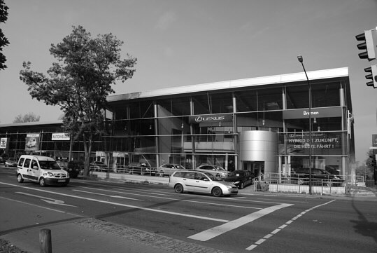 a partial view of a big car dealership