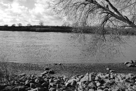 Blick von der Betonrampe auf Schüttsteine der Uferbefestigung, Strand und die Weser