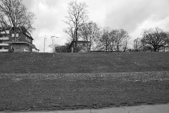 Blick vom Rand der Uferpromenade der Weser auf die Außenböschung des Osterdeichs