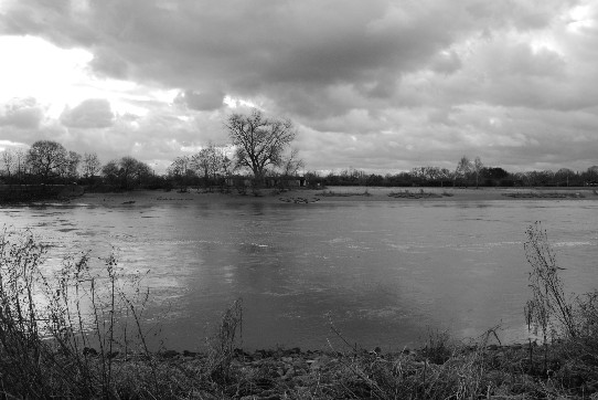 Blick von der Uferpromenade auf die Schüttsteine der Uferbefestigung und die Weser