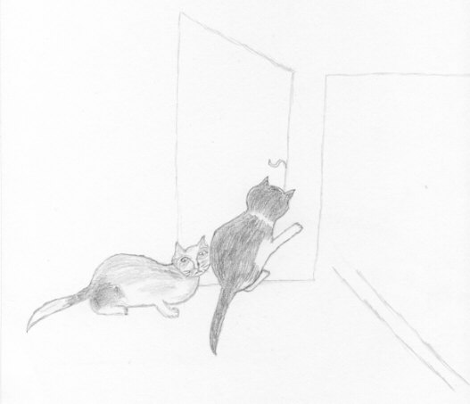 Karl and Kate in front of the kitchen's door
